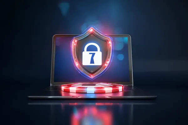 Một chiếc laptop hiển thị màn hình đăng nhập nổi bật trong không gian tối giản, tượng trưng cho hệ thống truy cập bảo mật của MOBIMEG.